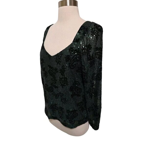 Loft Ann Taylor Womens Sequins All Over Blouse Size Small Green Long Sleeve - Picture 6 of 7